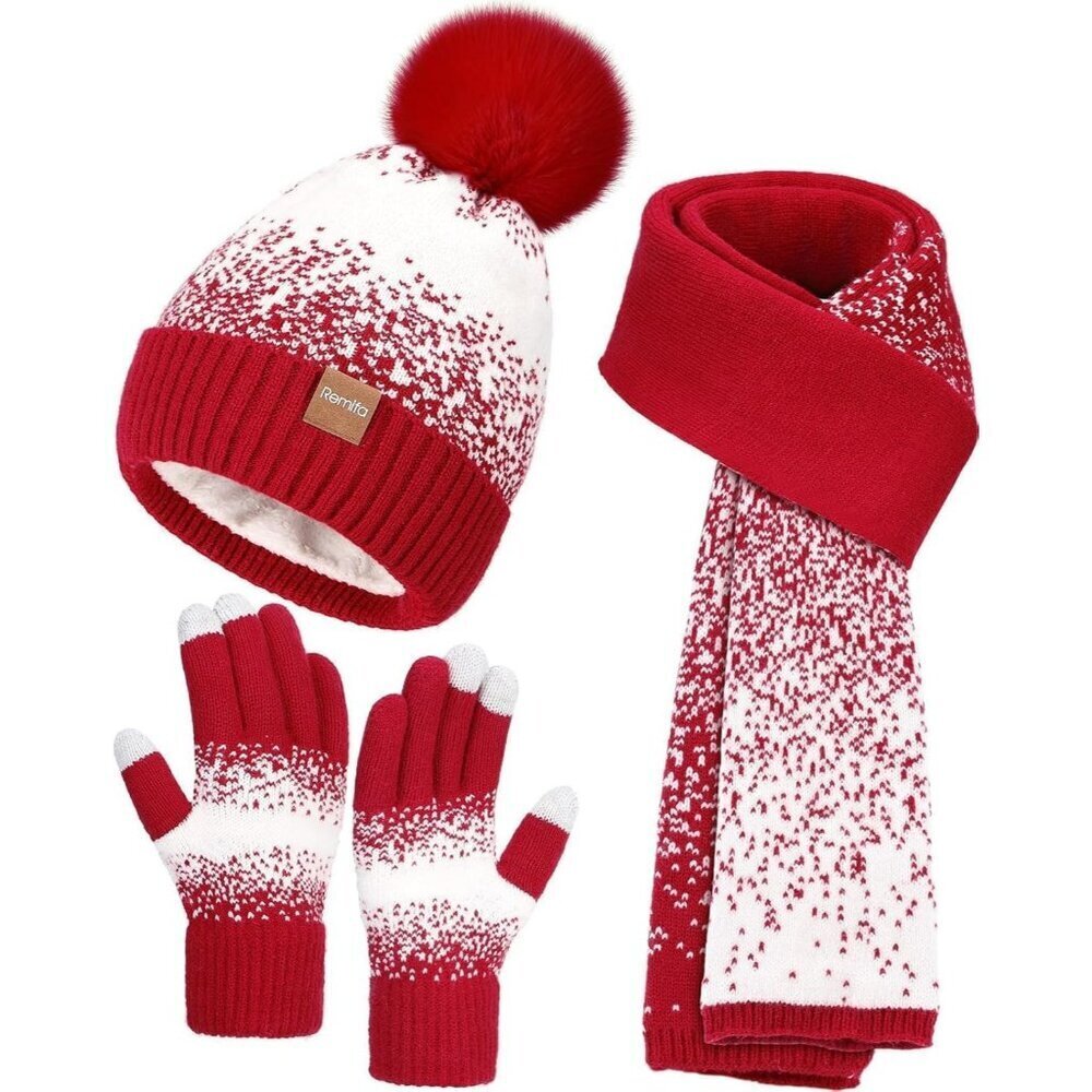 Women's Red White Winter Beanie Hat Scarf Gloves Set Pom Warm Christmas Gift